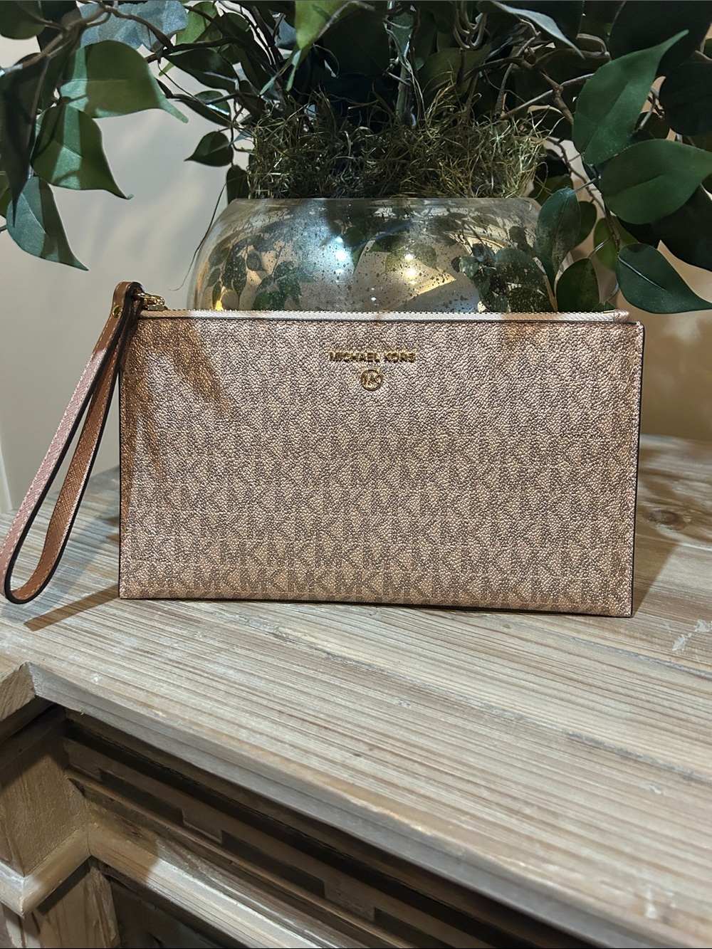 Michael Kors Metallic Rose Gold Signature Wristlet
